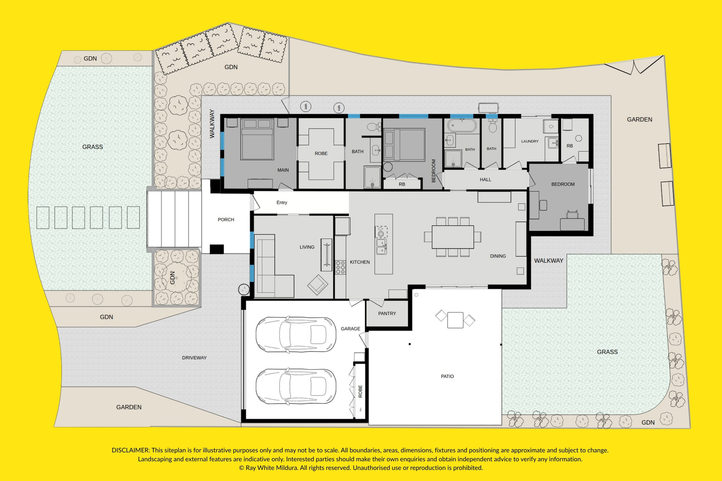 Floor and site plan showing the bedrooms, lounge, kitchen, dining area, garage, patio and gardens
